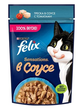 Felix(Феликс) Sensations влажный корм для кошек в соусе с трески и томата 75 гр
