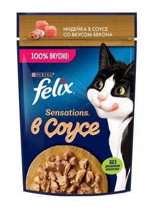 Felix(Феликс) Sensations влажный корм для кошек в соусе с индейки и бекона 75гр