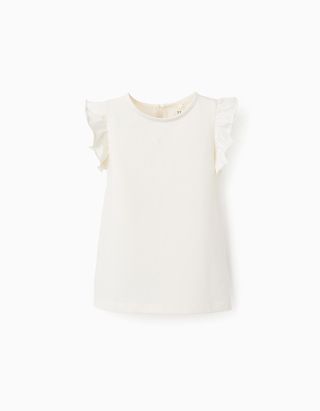 T-shirt de Manga Cava com Folhos para Menina - Tamanho 6/7 Branco