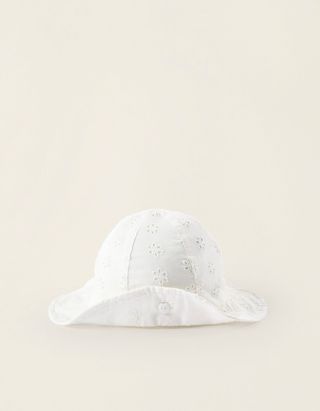 Chapéu com Bordado Inglês para Recém-Nascida e Bebé - Tamanho 1/6M