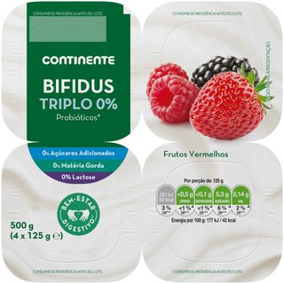 Iogurte Bifidus Triplo 0% Frutos Vermelhos sem Lactose Continente (emb. 500 gr (4 un))