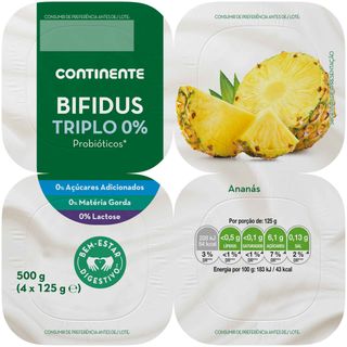 Iogurte Bifidus Triplo 0% Ananás sem Lactose Continente (emb. 500 gr (4 un))