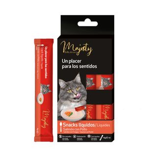 6 saquetas x 15 g Majesty Salmão com Frango snack líquido para gatos