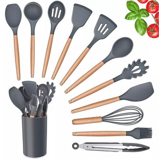 Ensemble 12 Pièces d'Ustensiles de Cuisine en Silicone avec Support – Résistants à la Chaleur et Élégants