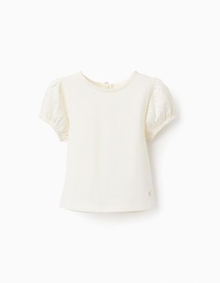 T-shirt com Mangas de Bordado Inglês para Bebé Menina - Tamanho 24/36M Branco