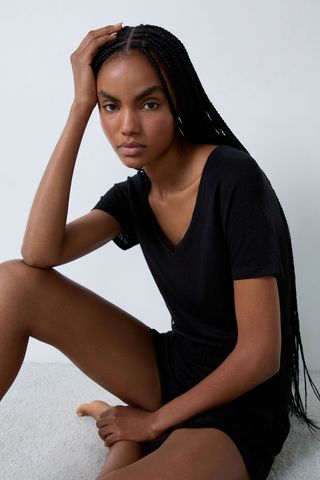 Josie Camiseta De Manga Corta 100% Lino Negro L