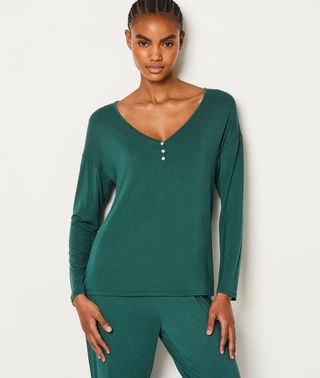 Mody Spe Camisa De Pijama De Manga Larga Abotonada De Modal Verde Abeto L