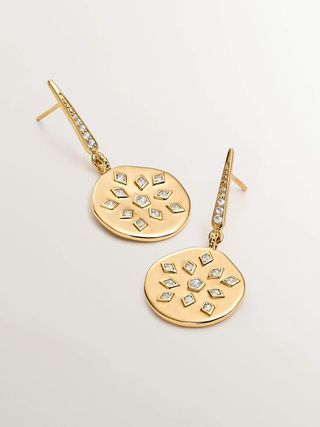 Pendientes De Plata 925 Bañada En Oro Amarillo De 18K Con Forma De Medalla Irregular Y Topacios Blancos (J04263-02-Wt_St) Talla Única