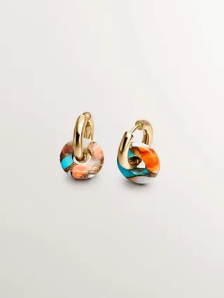 Pendientes De Aro Medianos De Plata 925 Bañada En Oro Amarillo De 18K Con Turquesa Multicolor (J04753-02-Mtq_St) Talla Única