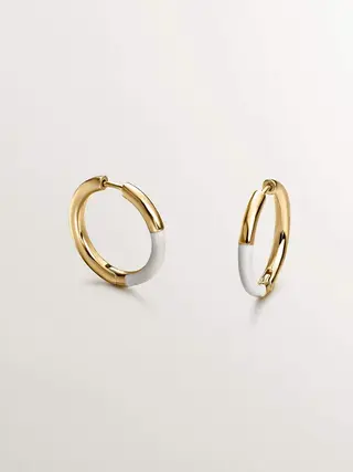 Pendientes De Aro Mediano De Plata 925 Bañada En Oro Amarillo De 18K Con Esmalte Blanco (J05144-02-Brwena_St) Talla Única