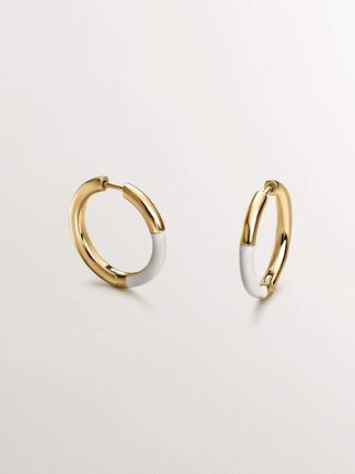 Pendientes De Aro Mediano De Plata 925 Bañada En Oro Amarillo De 18K Con Esmalte Blanco (J05144-02-Brwena_St) Talla Única