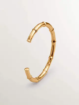 Pulsera Tipo Brazalete De Plata 925 Bañada En Oro Amarillo De 18K Con Textura De Bambú (J05393-02_St) Talla Única