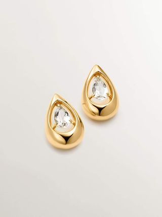 Pendientes De Plata 925 Bañada En Oro Amarillo De 18K Con Topacios Blancos (J05621-02-Wt_St) Talla Única
