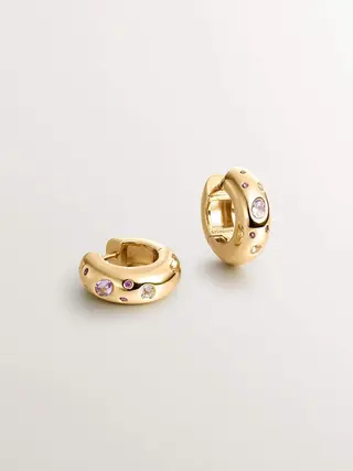 Pendientes De Aro Gruesos De Plata 925 Bañada En Oro Amarillo De 18K Con Topacios Blancos, Amatistas Rosas Y Moradas Y Rodolitas Rosas  (J05624-02-Pamroamwt_St) Talla Única