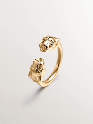 Anillo Tú Y Yo De Plata 925 Bañada En Oro Amarillo De 18K Con Cabezas De Pantera (J04193-02) Talla 13