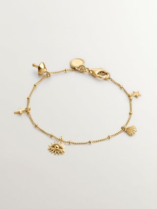 Pulsera De Plata 925 Bañada En Oro Amarillo De 18K Con Motivos De Seta, Cruz, Ojo, Concha Y Estrella  (J04947-02_St) Talla Única