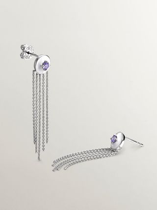 Pendientes Largos De Plata 925 Con Tanzanitas Moradas  (J05431-01-Ta-Brwena_St) Talla Única