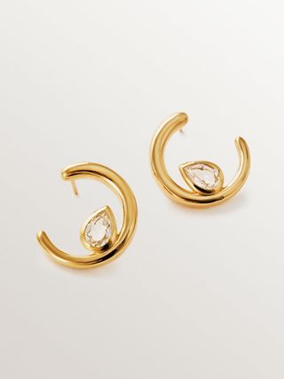 Pendientes De Aro De Plata 925 Bañada En Oro Amarillo De 18K Con Topacios Blancos(J05990-02-WT_ST) Talla Única