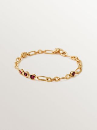 Pulsera De Cadena De Plata 925 Bañada En Oro Amarillo De 18K Con Rodolitas Rojas(J06010-02-RO_ST) Talla Única
