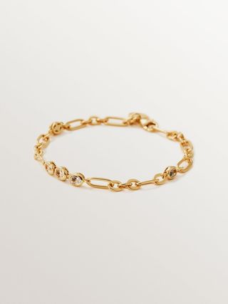 Pulsera De Cadena De Plata 925 Bañada En Oro Amarillo De 18K Con Topacios Blancos(J06010-02-WT_ST) Talla Única