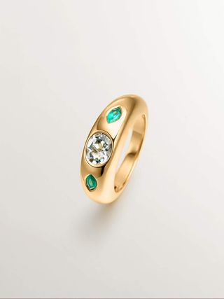 Anillo De Plata 925 Bañada En Oro Amarillo De 18K Con Cuarzo Verde Central Y Ónix Verdes (J05616-02-Gq-Go) Talla 13