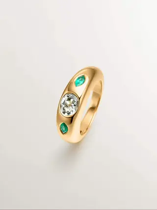 Anillo De Plata 925 Bañada En Oro Amarillo De 18K Con Cuarzo Verde Central Y Ónix Verdes (J05616-02-Gq-Go) Talla 9