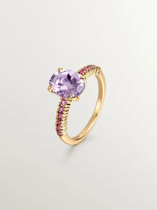 Anillo De Plata 925 Bañada En Oro Amarillo De 18K Con Amatista Morada Y Rodolitas Rosas (J03749-02-Pam-Ro) Talla 13