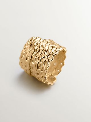 Anillo Ancho De Plata 925 Bañada En Oro Amarillo De 18K Con Textura De Mimbre (J04412-02) Talla 13