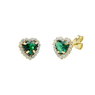 Pendientes Corazón con Circonita Esmeralda en Oro Amarillo 9 Kilates
