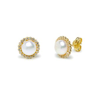 Pendientes Perlas y Circonitas en Oro Amarillo 9 Kilates