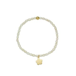 Pulsera Elastica Perla Arroz con Flor en Oro Amarillo 9 Kilates