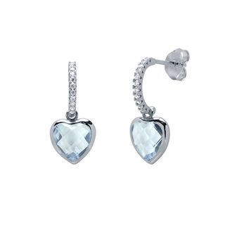 Pendientes largos Corazón Circonita Aguamarina en Oro Blanco 9 Kilates