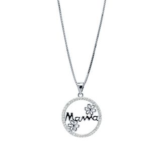 Colgante Circulo Mamá con Circonitas y Flores en Plata
