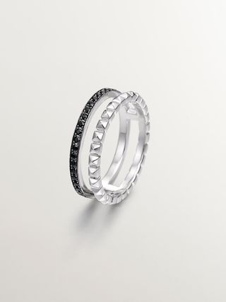 Anillo Doble De Plata 925 Con Relieve Y Espinelas Negras (J04902-01-Bsn) Talla 13