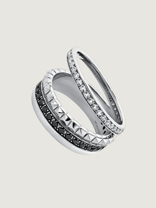 Anillo Doble De Plata 925 Con Textura Y Espinelas Negras (J04904-01-Wt-Bsn) Talla 13