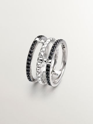 Anillo Triple De Plata 925 Con Textura Y Espinelas Negras (J04905-01-Bsn) Talla 13