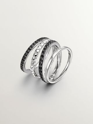 Anillo Multibrazo De Plata 925 Bañada Con Relieve Y Espinelas Negras (J04906-01-Bsn) Talla 13