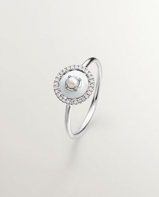 Anillo De Plata 925 Y Oro Blanco De 18K Con Perla Blanca, Diamantes Blancos Y Esmalte Gris (J05573-10-Wp-Gena) Talla 9