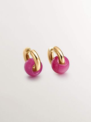 Pendientes De Plata 925 Bañada En Oro Amarillo De 18K Con Jade Rojo  (J04752-02-Ruj_St) Talla Única