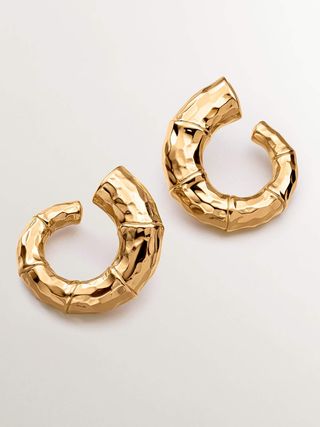 Pendientes Grandes De Aro De Plata 925 Bañada En Oro Amarillo De 18K Con Textura De Bambú (J05396-02_St) Talla Única