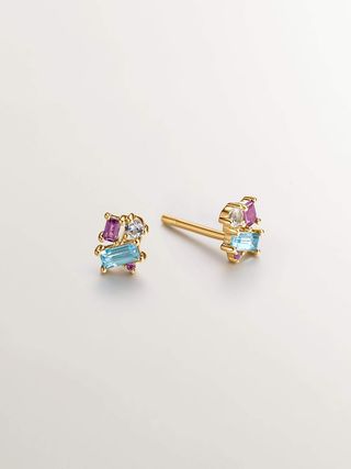 Pendiente Individual De Plata 925 Bañada En Oro Amarillo De 18K Con Topacio Azul London Y Blanco Y Rodolita Rosa  (J05354-02-Sb-Ro_St) Talla Única