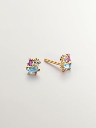 Pendientes De Botón De Plata 925 Bañada En Oro Amarillo De 18K Con Topacios Azul London Y Azul Swiss  (J05353-02-Lb-Sb_St) Talla Única