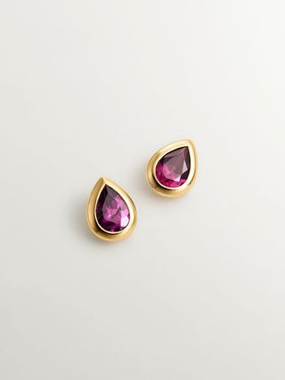 Pendientes De Plata 925 Bañada En Oro Amarillo De 18K Con Rodolitas Rosas(J05988-02-RO_ST) Talla Única