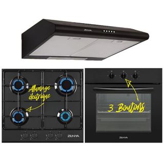 TRIO ZENYA NOIR: PLAQUE 60CM À 4 FEUX+FOUR ELECTRIQUE 3BOUTONS+HOTTE SOUS MEUBLE