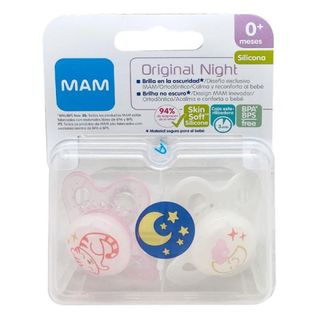CHUPETE SILICONA SIMETRICA MAM ORIGINAL NIGHT 0+ A 2 U PACK DOBLE