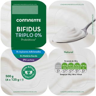Iogurte Bifidus Triplo 0% Natural sem Lactose Continente (emb. 500 gr (4 un))