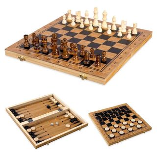 Jeu de Societe 3 en 1 en Bois – Echecs, Dames et Backgammon pour Adultes et Enfants