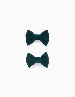 Pack 2 Ganchos com Laço de Veludo para Bebé e Menina - Verde Escuro