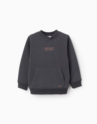 Sweat de Algodão com Bolso Canguru para Menino 'Story' - Tamanho 4/5 Cinza