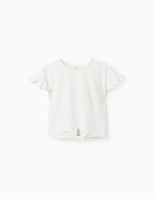 T-shirt de Algodão com Folhos e Laço para Menina - Tamanho 7/8